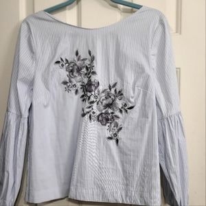 Blue White Striped Embroidered Floral Blouse